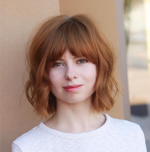 Red Wavy Bob with Bangs for a Round Face