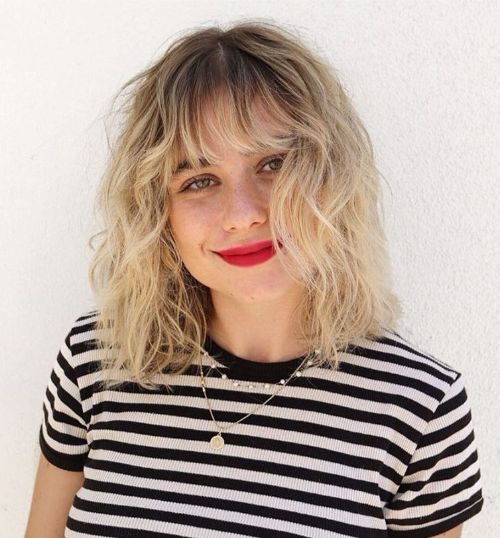 Blonde Curly Lob with Bangs for Round Faces and Thin Hair